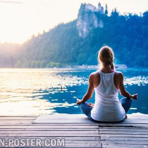 jual poster gambar wanita berlatih yoga di tepi danau